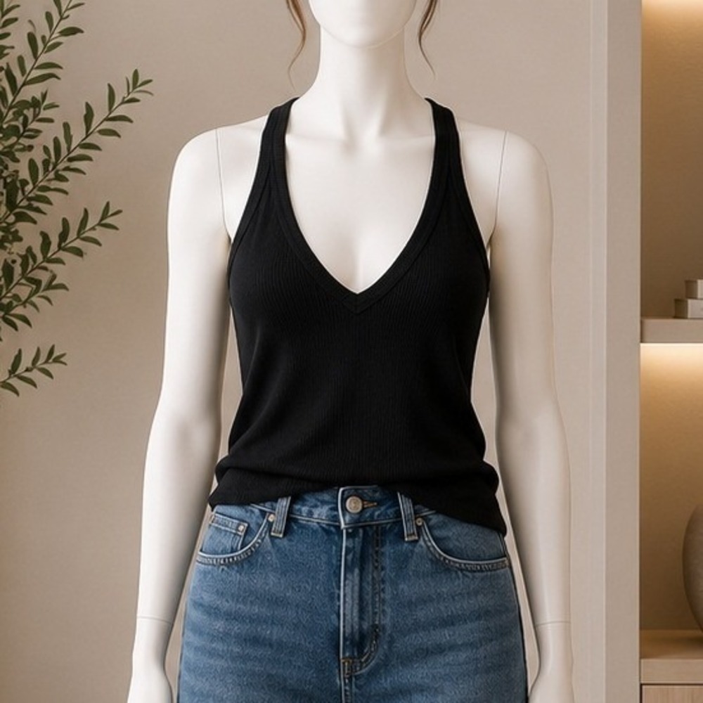 Joah Brown Womens Tank Top Black Ribbed Racerback V-Neck XS/S